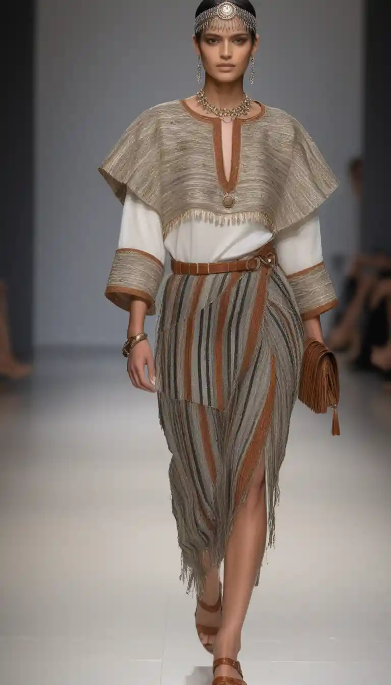 Runway model in ornate silver headpiece and striped wrap skirt