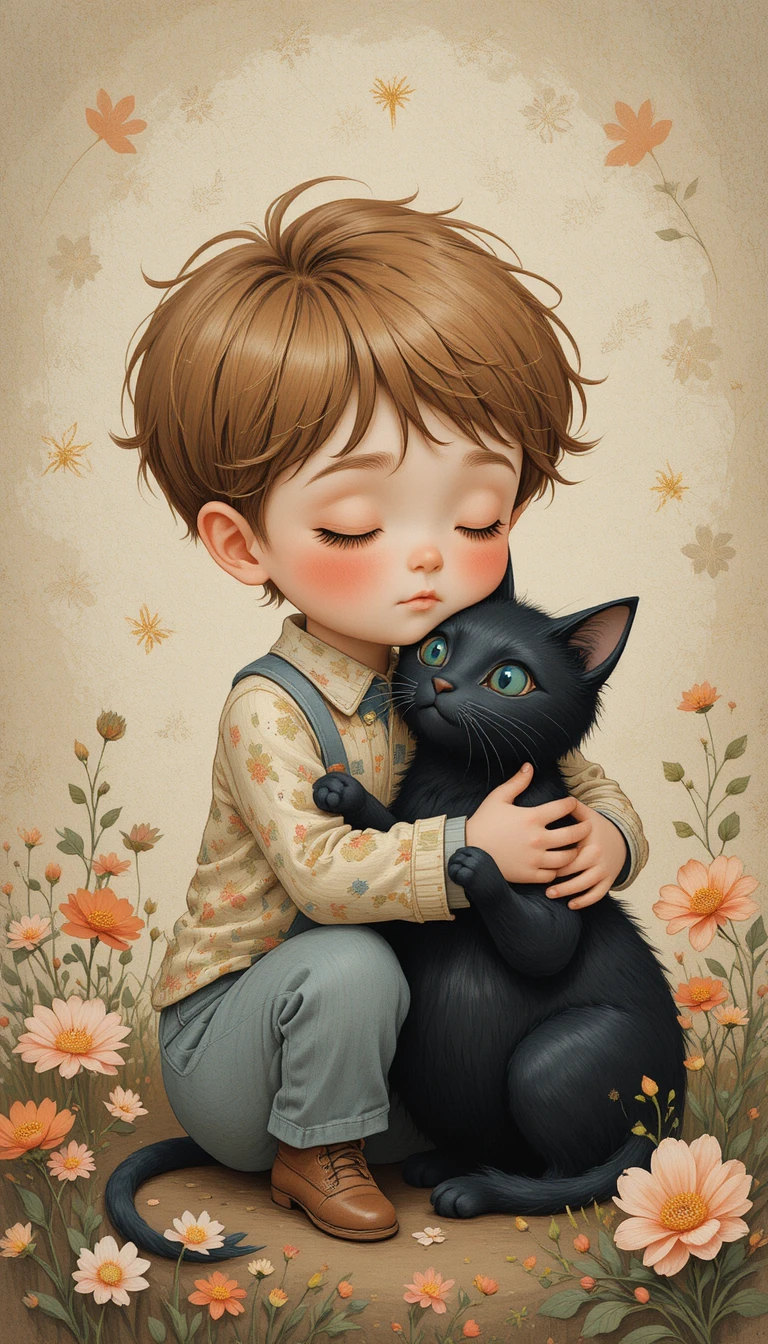 Chico de arte folclórica soñadora abrazando a un gato negro