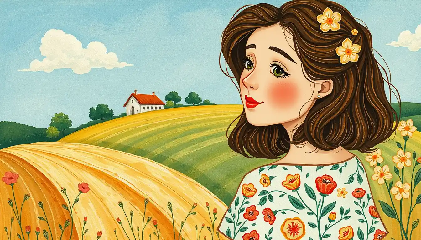 Whimsical folk art woman in floral field under blue sky