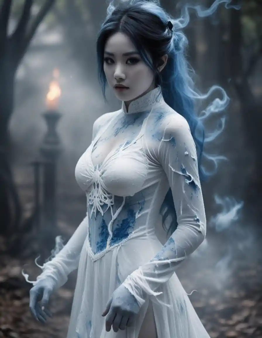 Vietnamese ghost woman in torn dress amid blue flames