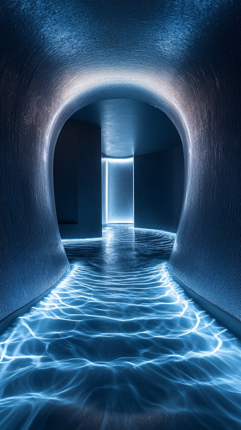 Futuristic round pod interior with glowing sound waves