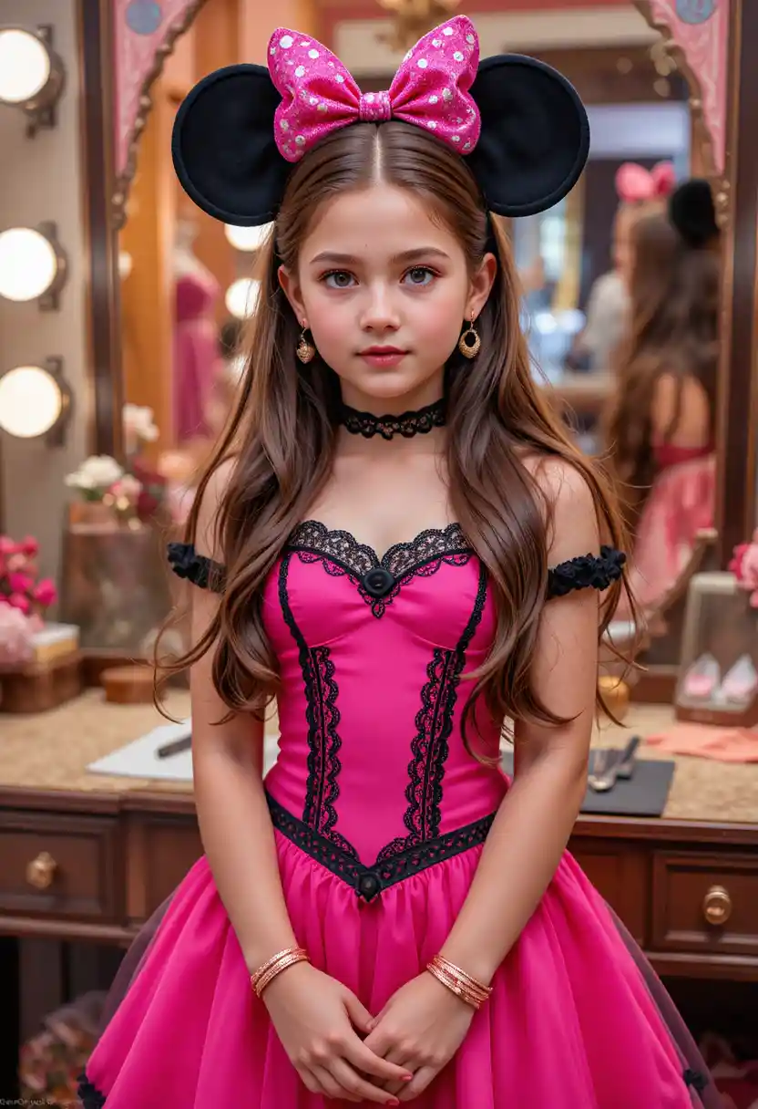 Niño preadolescente tímido con atuendo de Minnie Mouse en tocador de boutique
