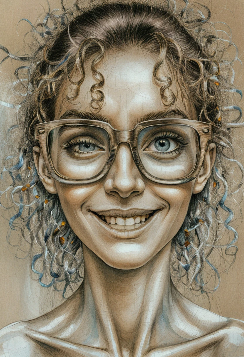 Surreal scribble faced woman with cracked teal glasses