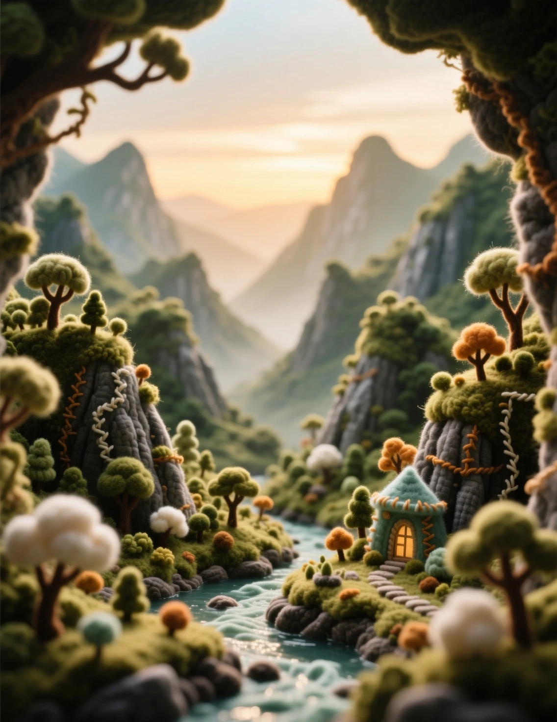 Diorama in feltro in miniatura di un paesaggio sereno e mistico di gole