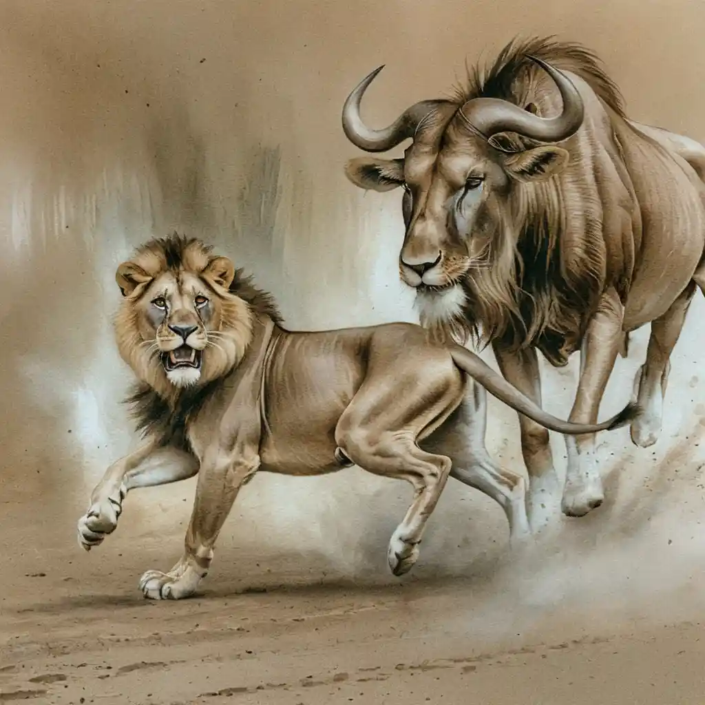León persiguiendo ñus por la sabana polvorienta al atardecer