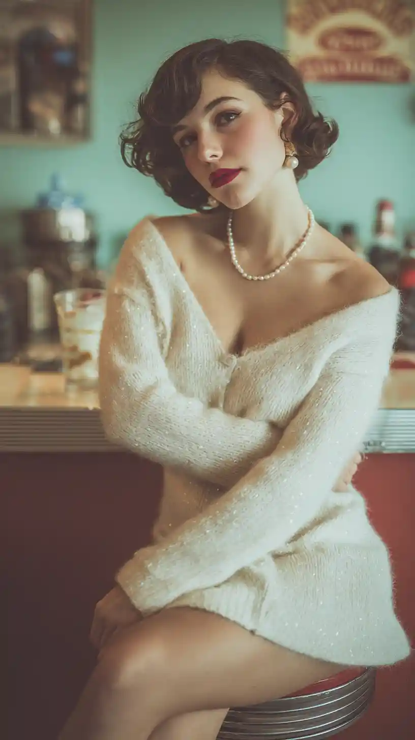 Young actress in retro diner wearing blue cashmere dress