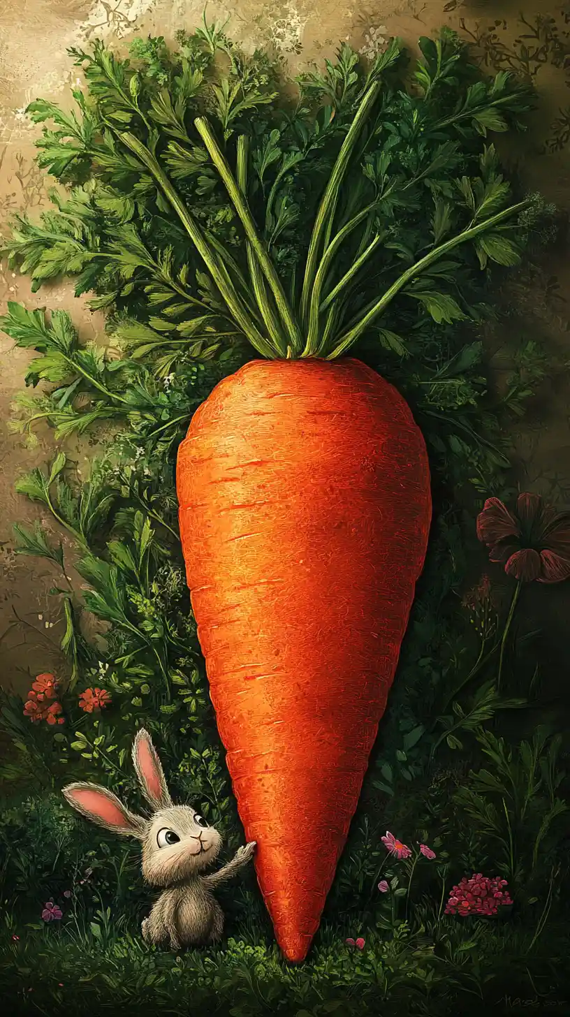 Cute cartoon rabbit beside a large red carrot