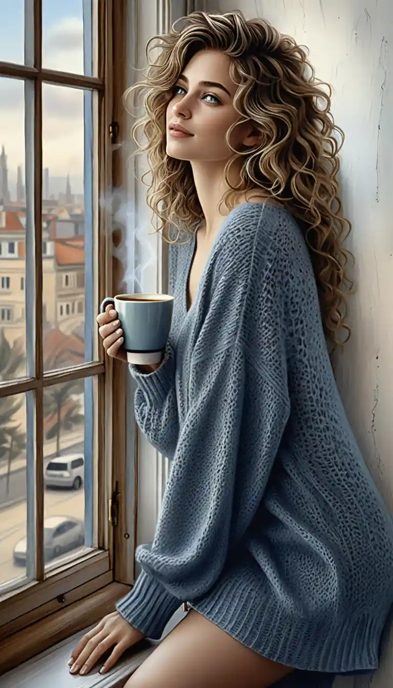 Donna con caffè sul davanzale alla morbida luce del mattino
