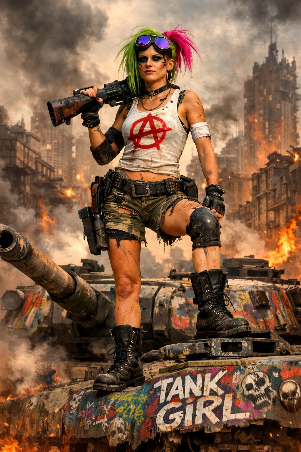 Punk warrior woman standing on graffiti tank in dystopian city