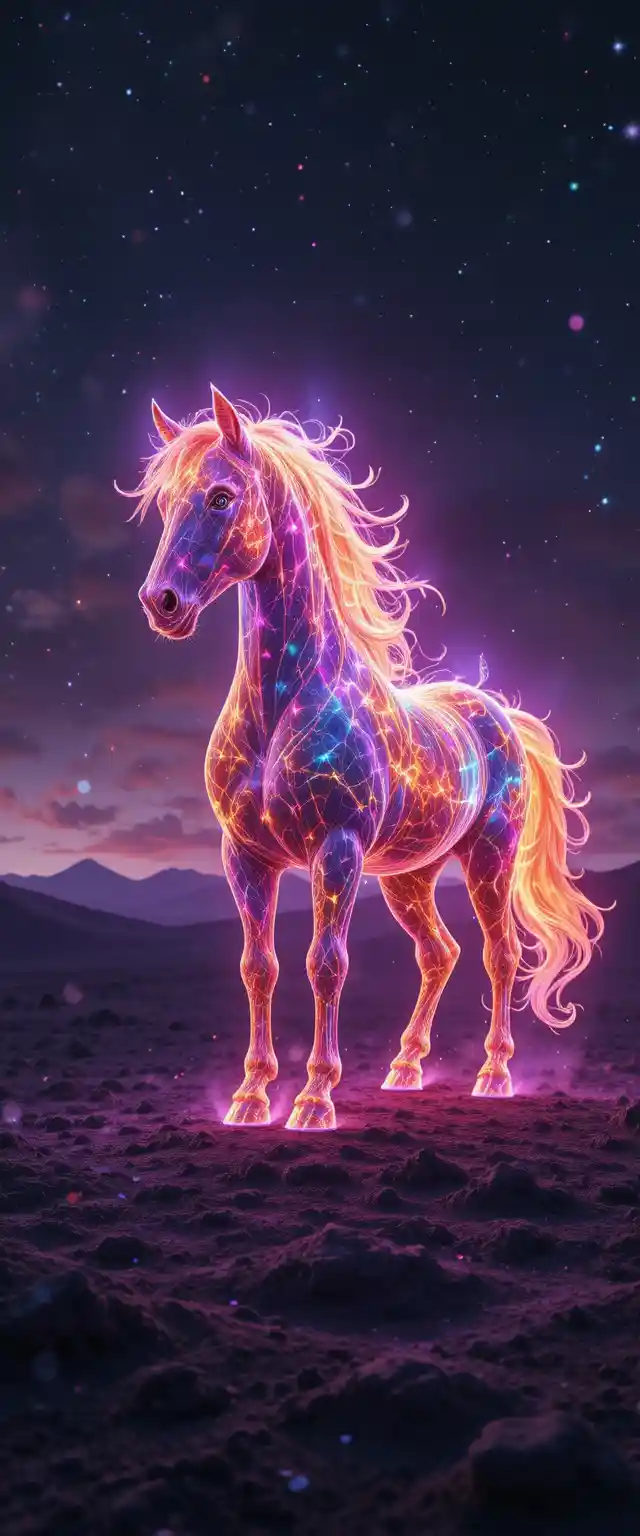 Cavallo di Energia Quantistica Luminosa su Mondo Desertico Alieno