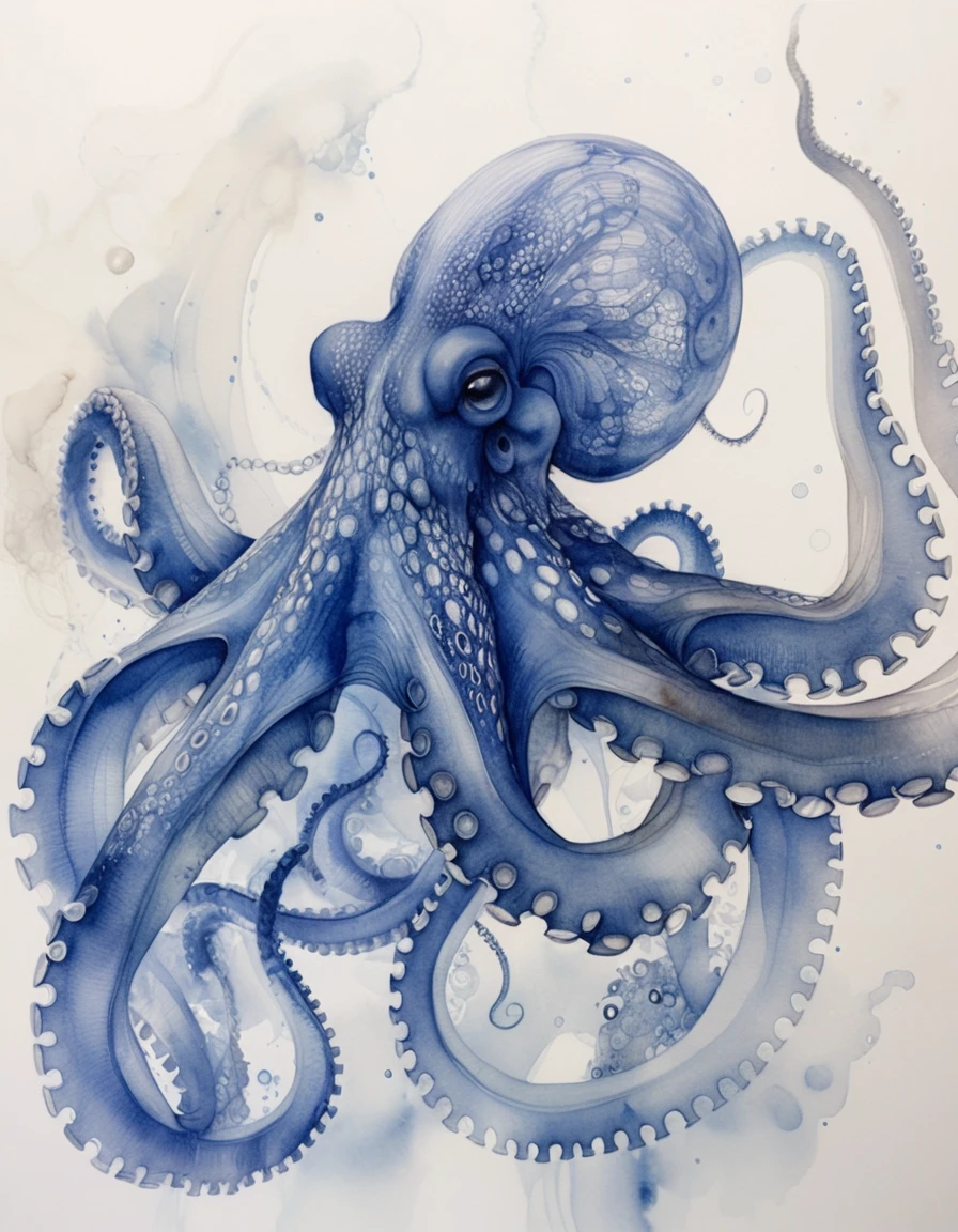 Polpo blu ad acquerello con tentacoli fluttuanti e riccioluti