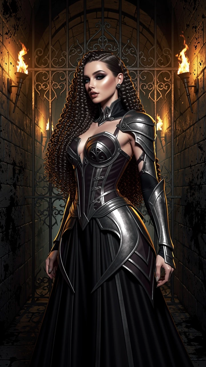 Elegant woman posing in torchlit dungeon couture scene