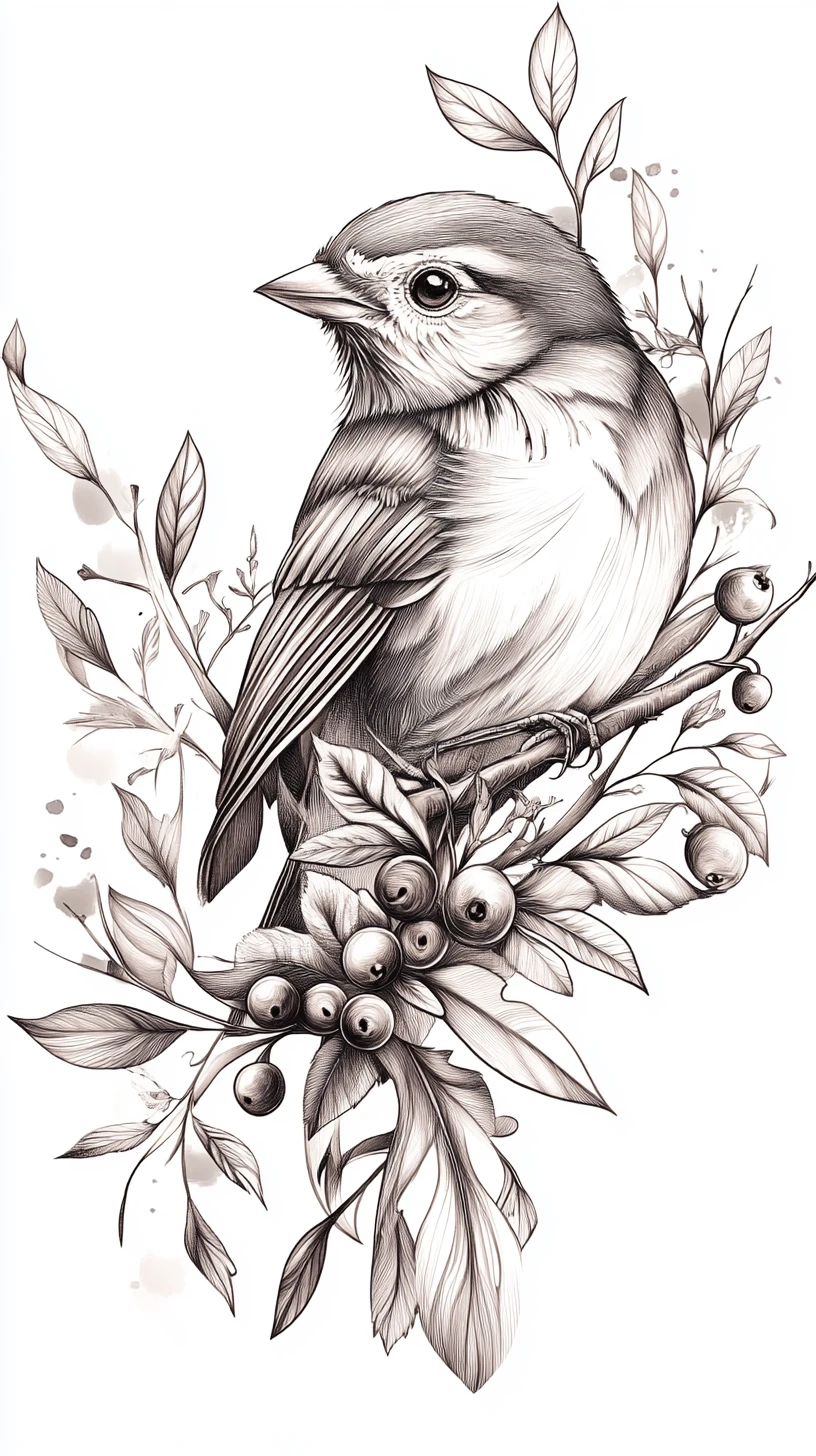 Detailed sparrow among leaves and berries in botanical illustration