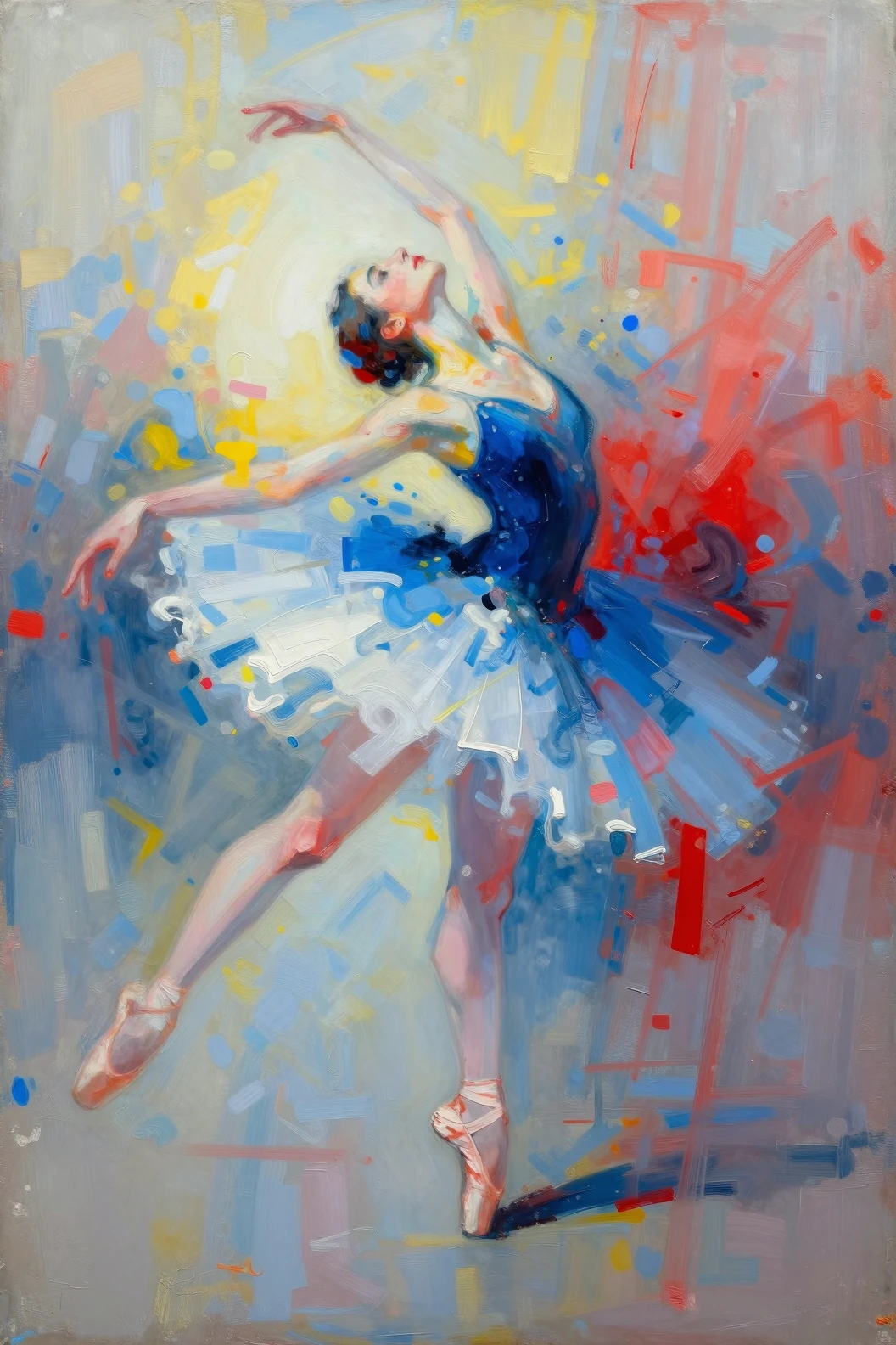 Abstract ballerina bending backward in swirling colorful paint