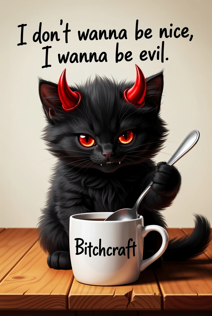 Adorable gato demonio negro con taza de café Bitchcraft