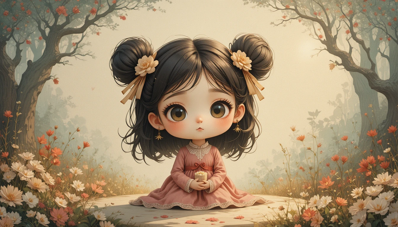 Whimsical chibi characters in a warm fairy tale world