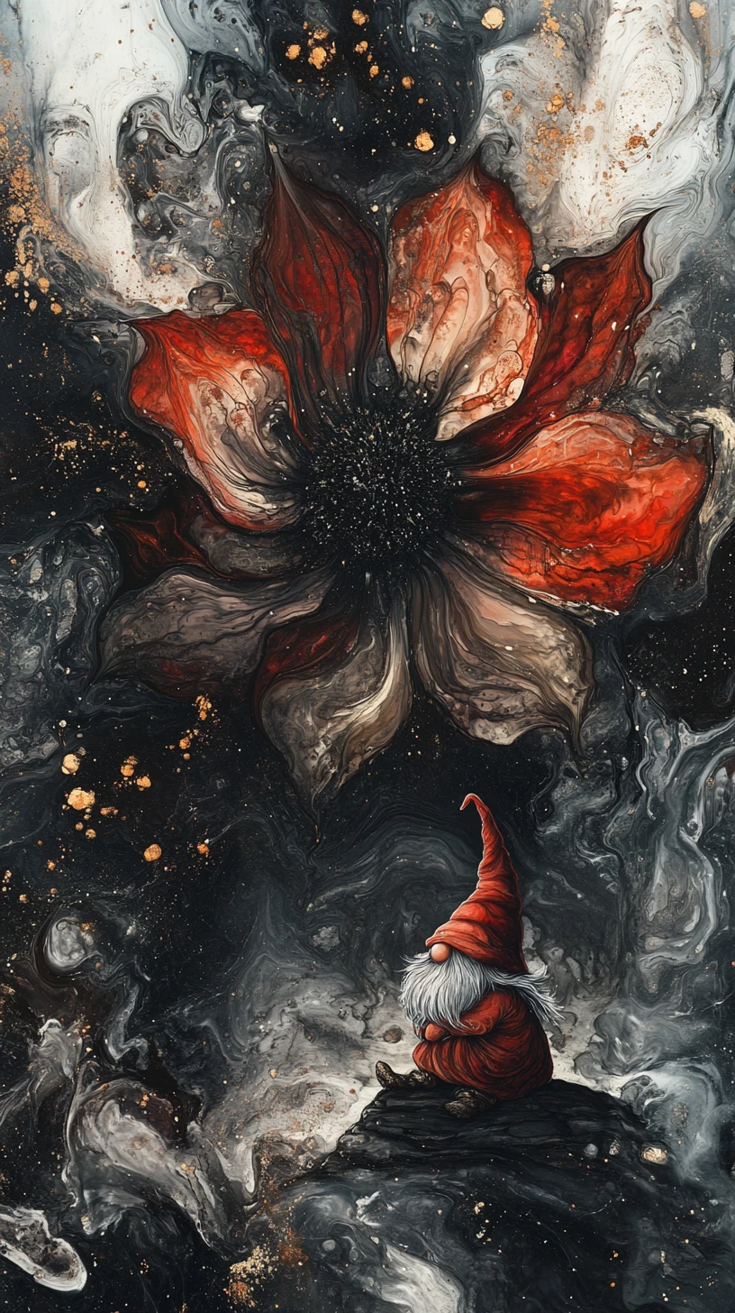 Mischievous gnome beside surreal flower in fantasy garden