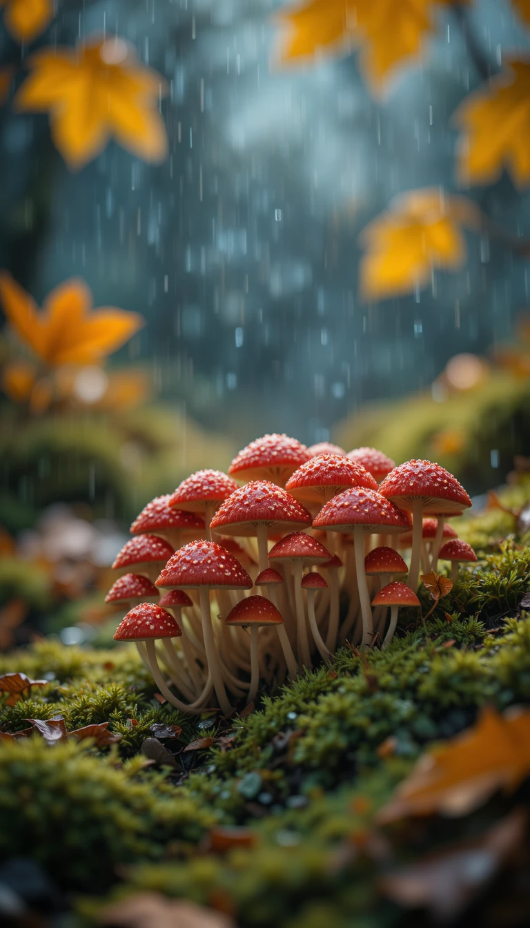Red mushrooms in rain on lush green moss
