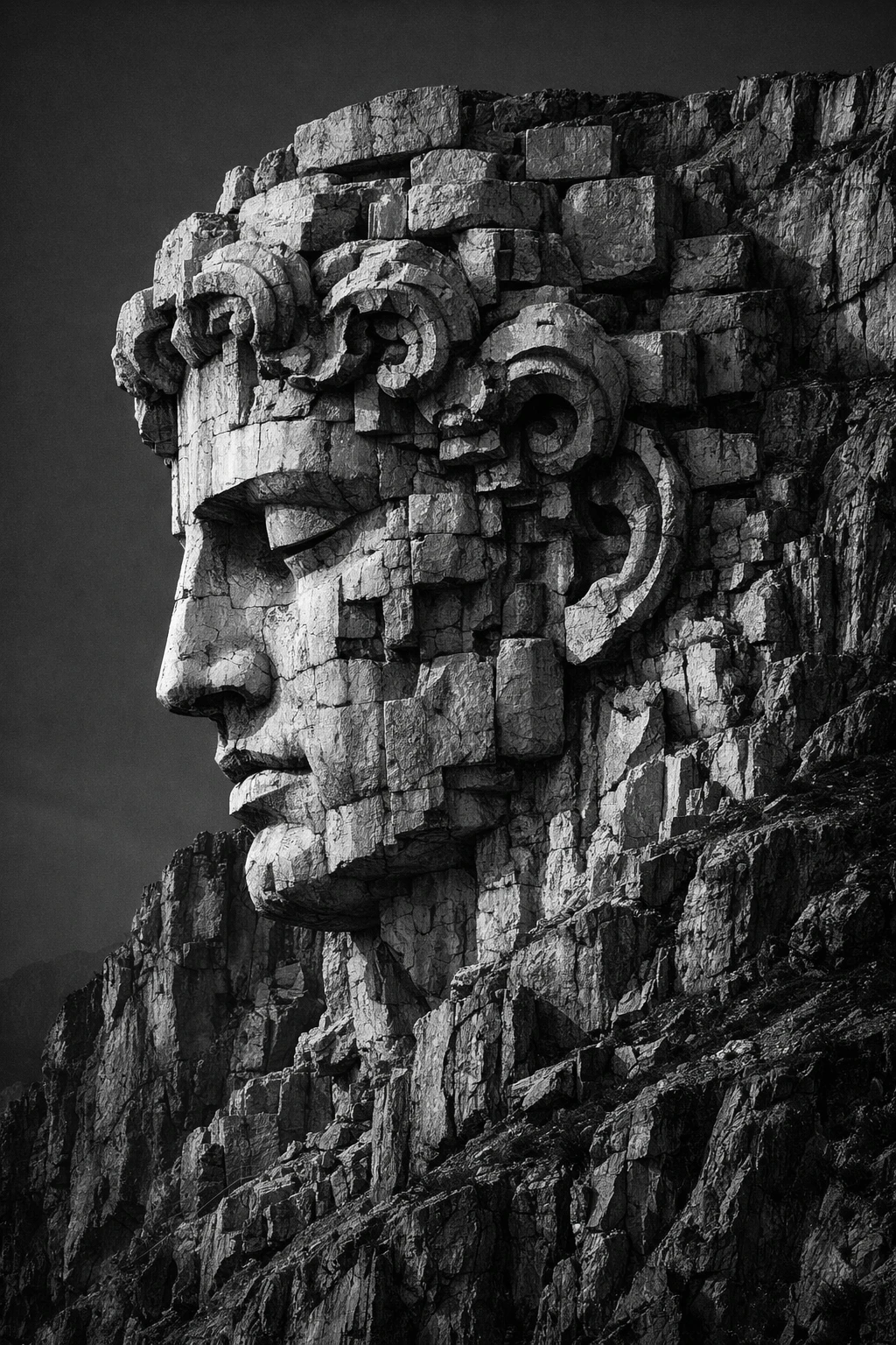 Monumentale Felswand in ein zerklüftetes Steingesicht gemeißelt