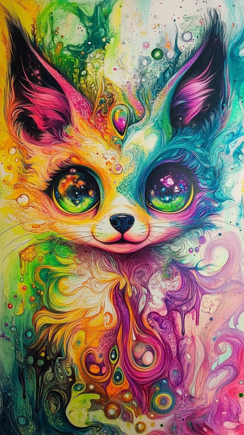 Criatura de zorro surreal con ojos hipnóticos en colores vivos