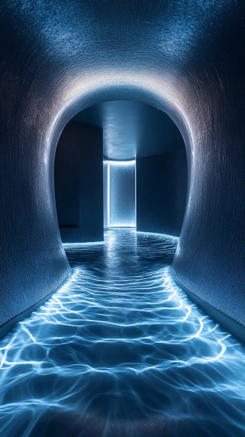 Futuristisches rundes Pod-Interieur mit leuchtenden Schallwellen