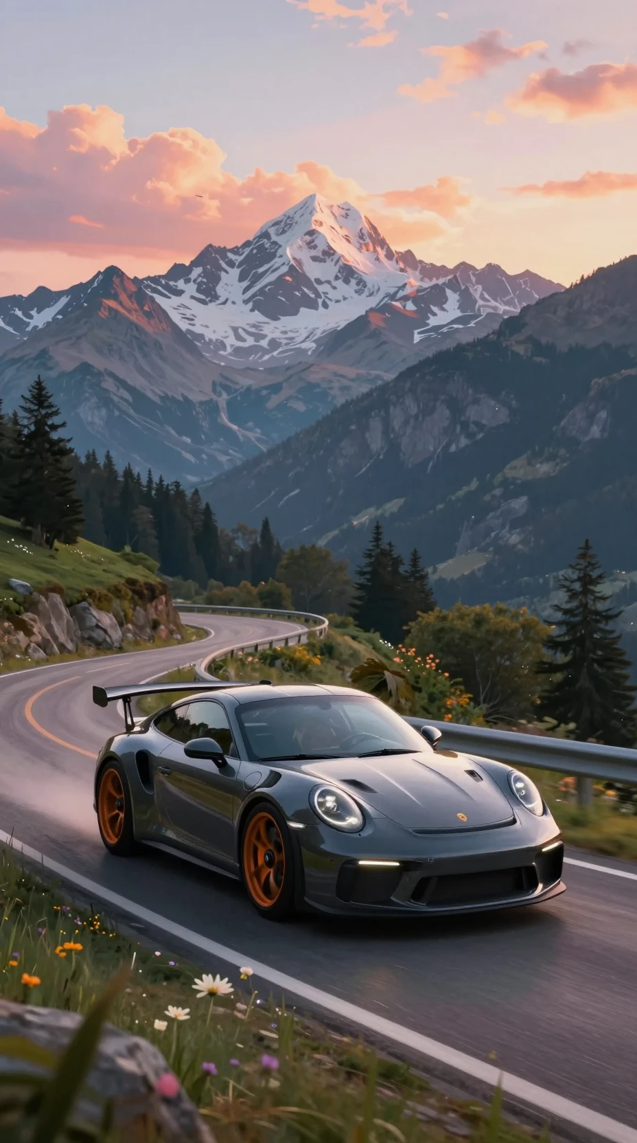 Coche deportivo Porsche en una carretera de montaña mojada al atardecer
