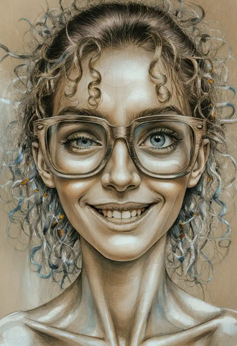 Surreal scribble faced woman with cracked teal glasses