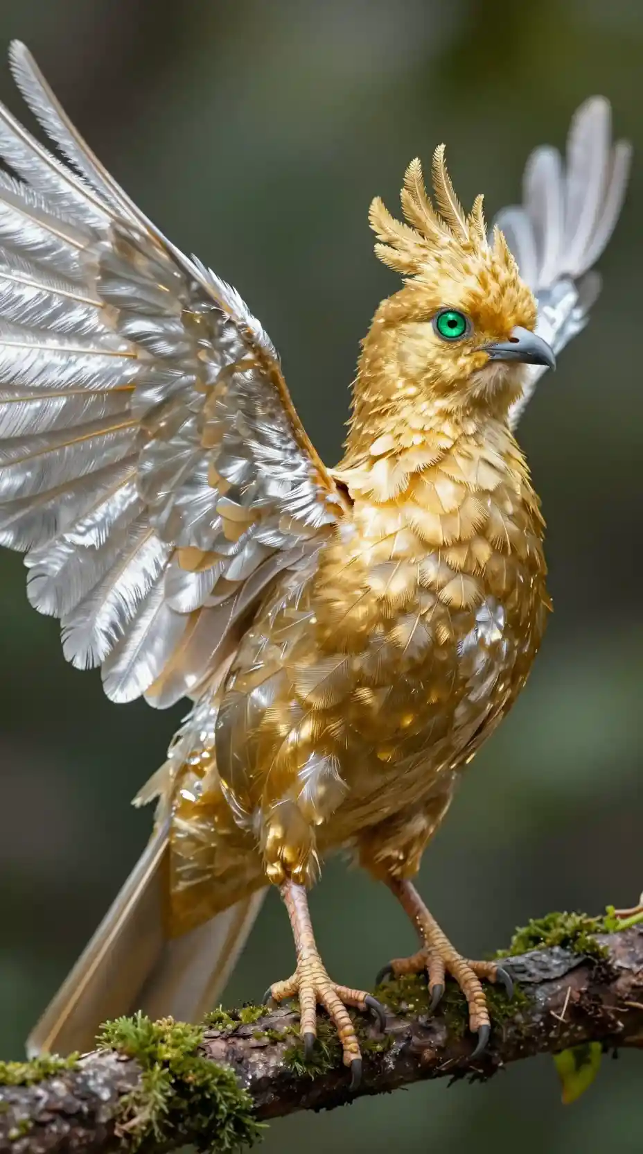 Majestic golden bird with silver wings on forest branch