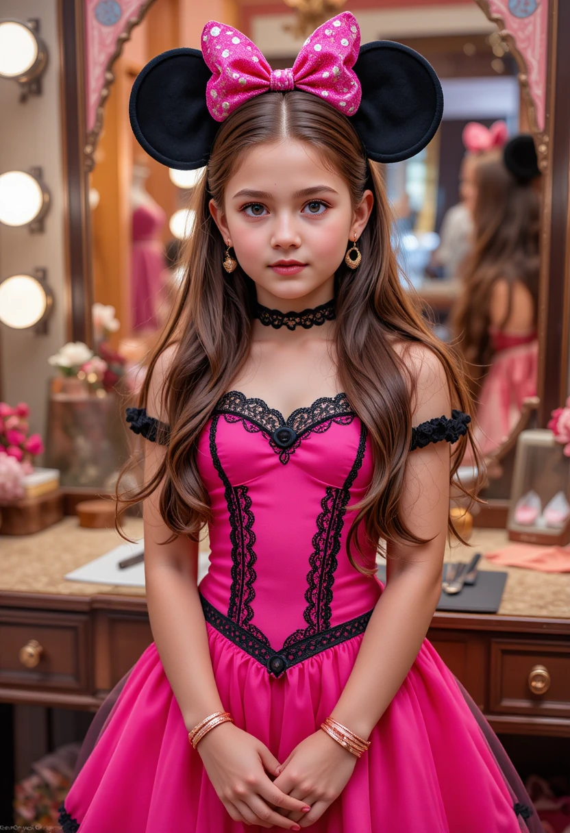 Niño preadolescente tímido con atuendo de Minnie Mouse en tocador de boutique