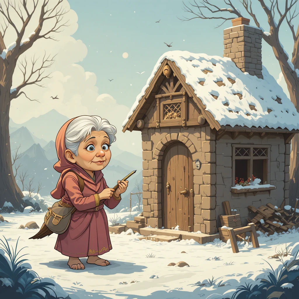Abuela y pájaro construyendo juntos una casa de nieve