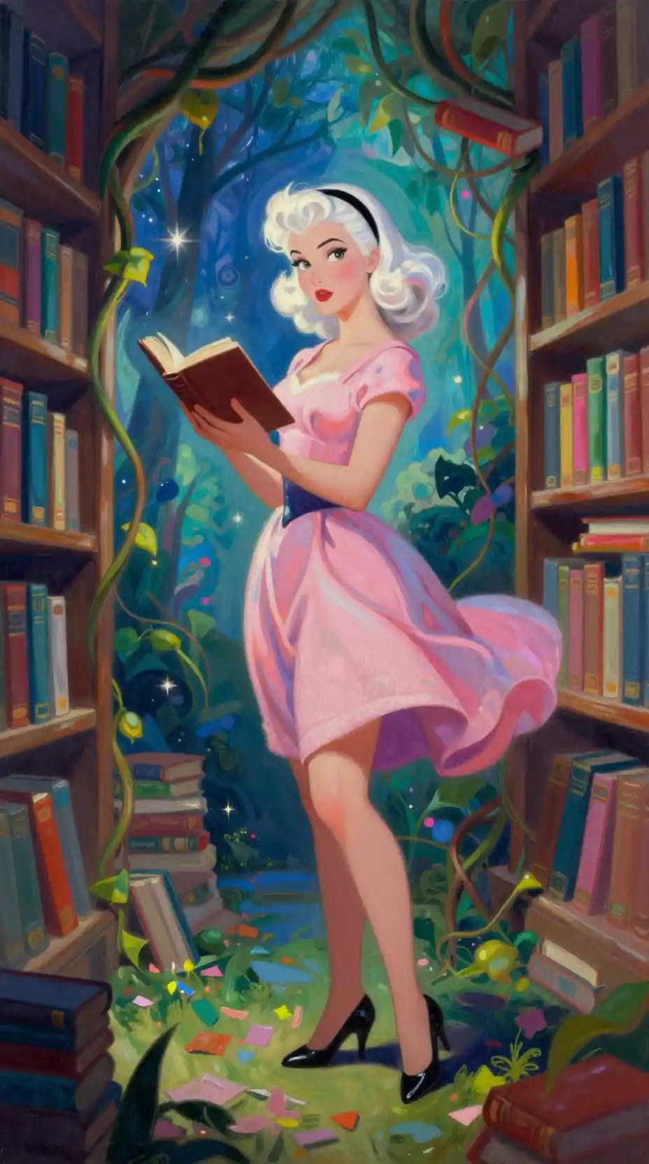 Elegante chica pin-up en una biblioteca con libros flotando