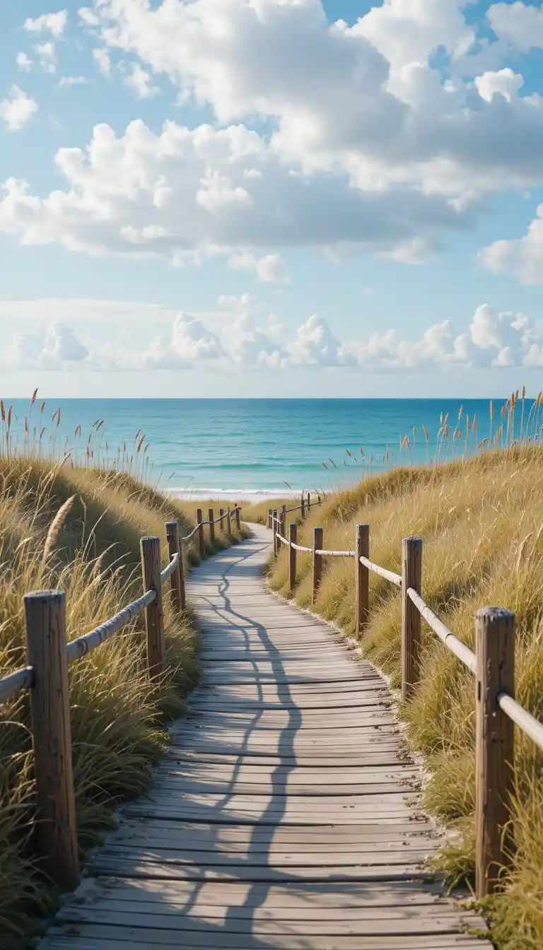 Wooden beach boardwalk leading through grass to calm sea
