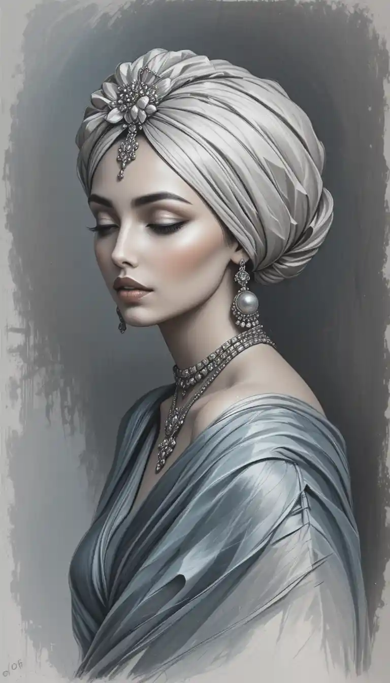 Elegante Frau mit Turban in Ölporträt und gelassenem Blick
