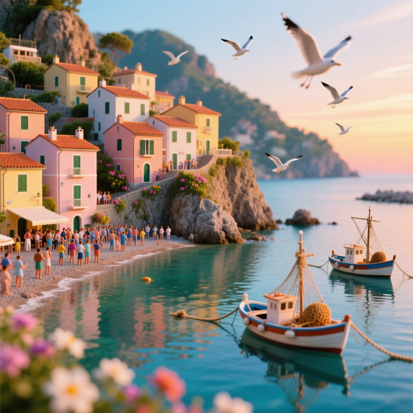Pueblo costero italiano brillando al atardecer junto al mar