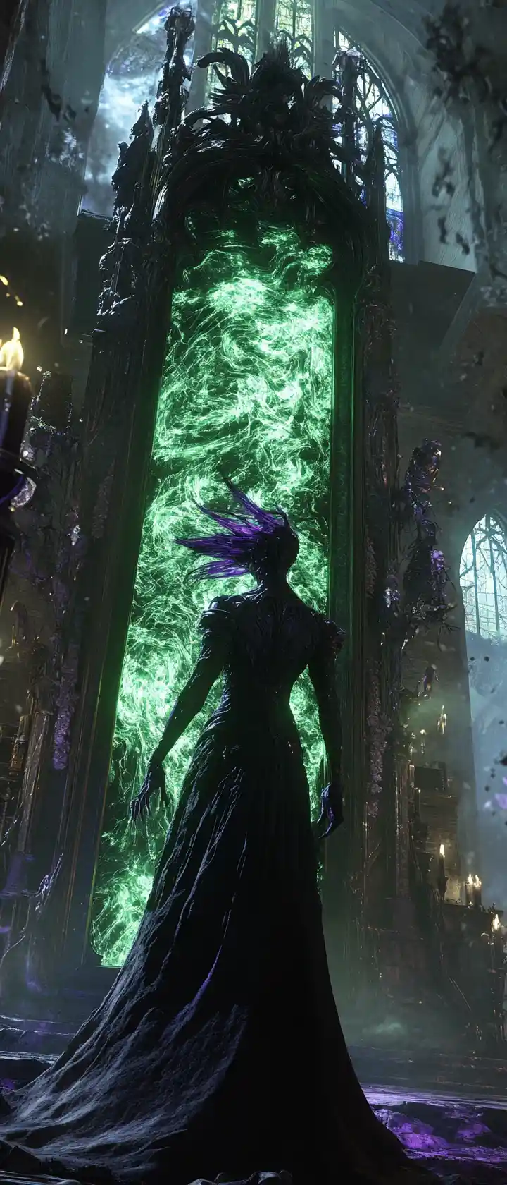Ancient sorceress before a swirling obsidian mirror