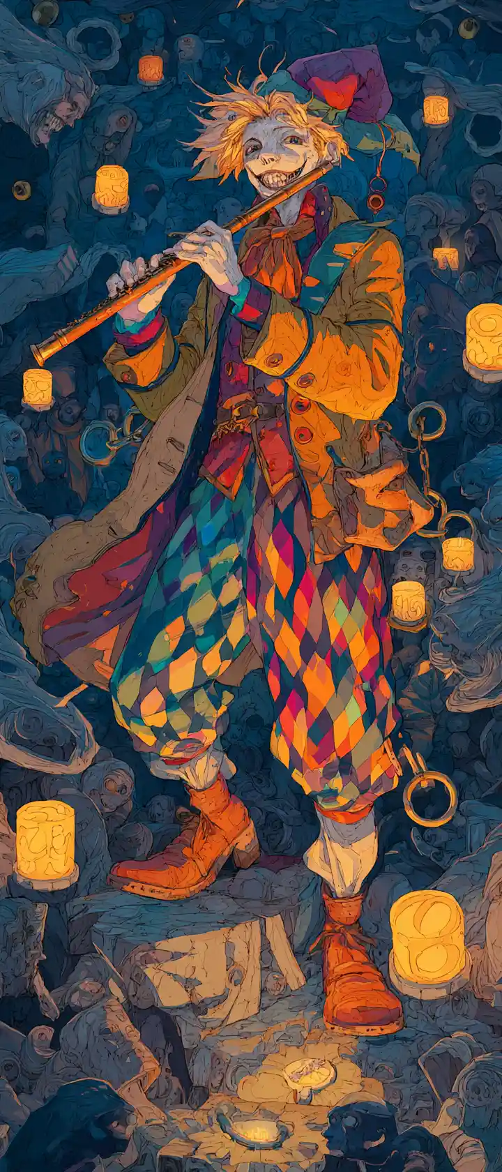 Sinister piper leading shadow children in lantern glow