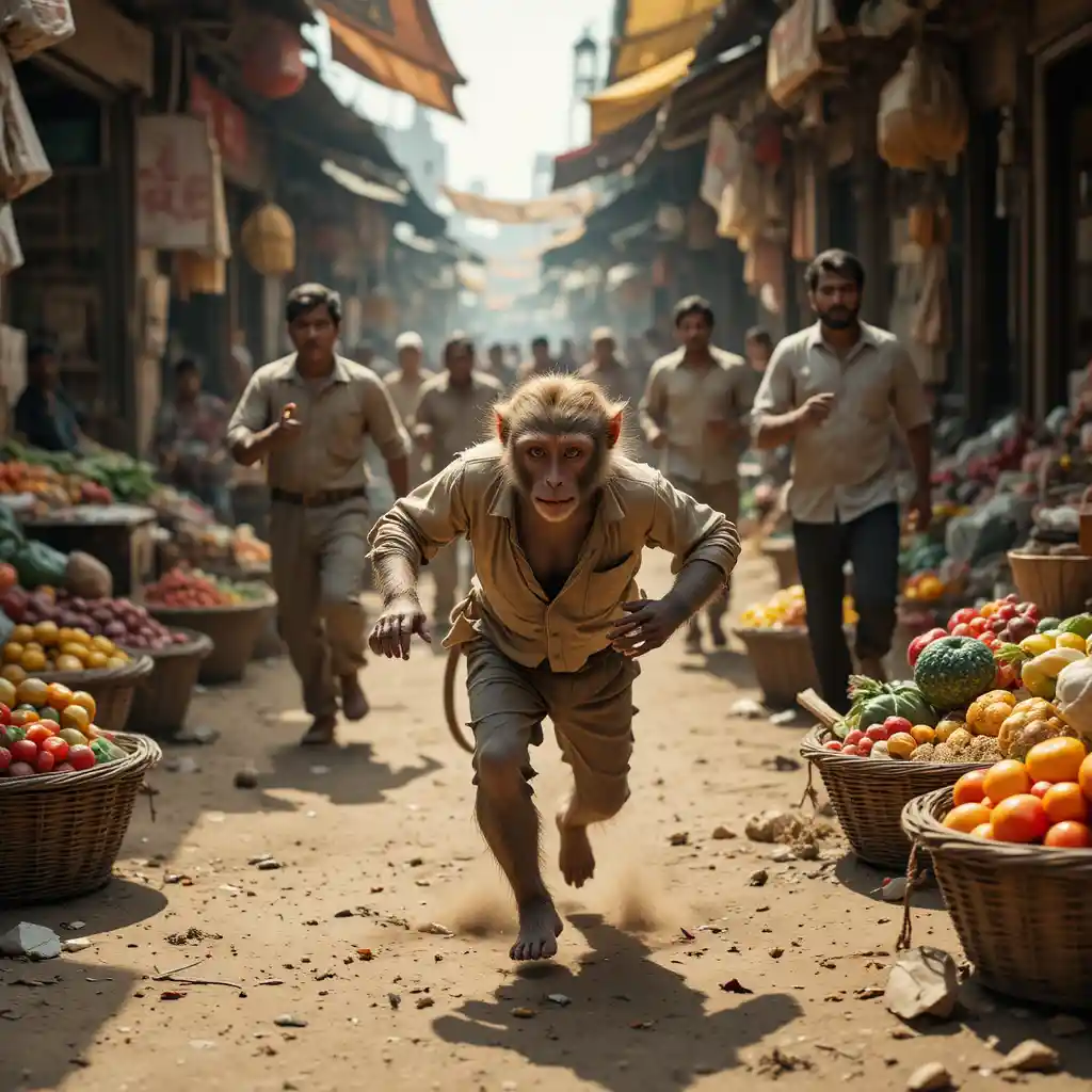 Mischievous Monkey Racing Through Crowded Indian Street Market