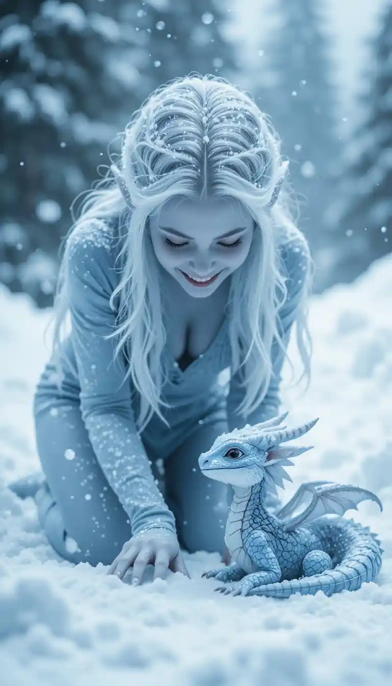 Elfo do gelo ajoelhado na neve com dragão-bebê sorridente