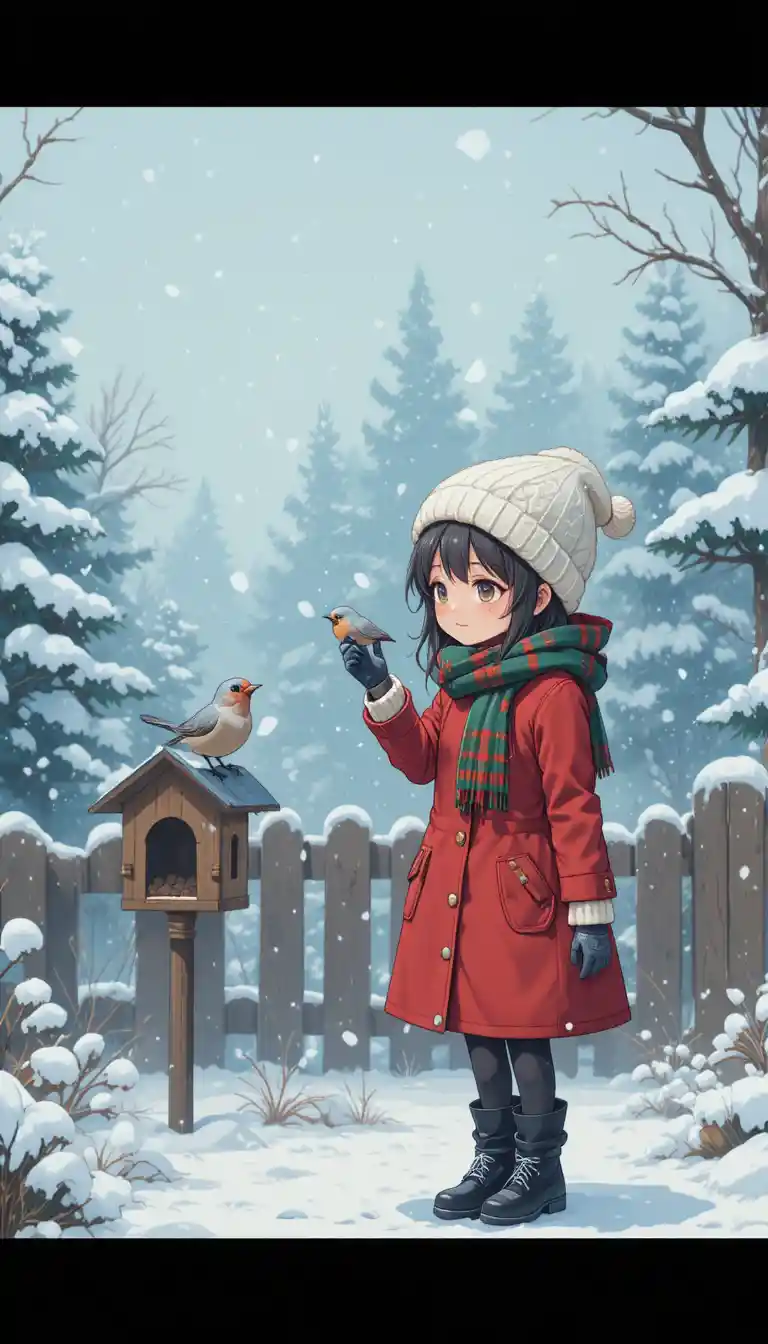 Anime child feeding birds in a snowy winter forest