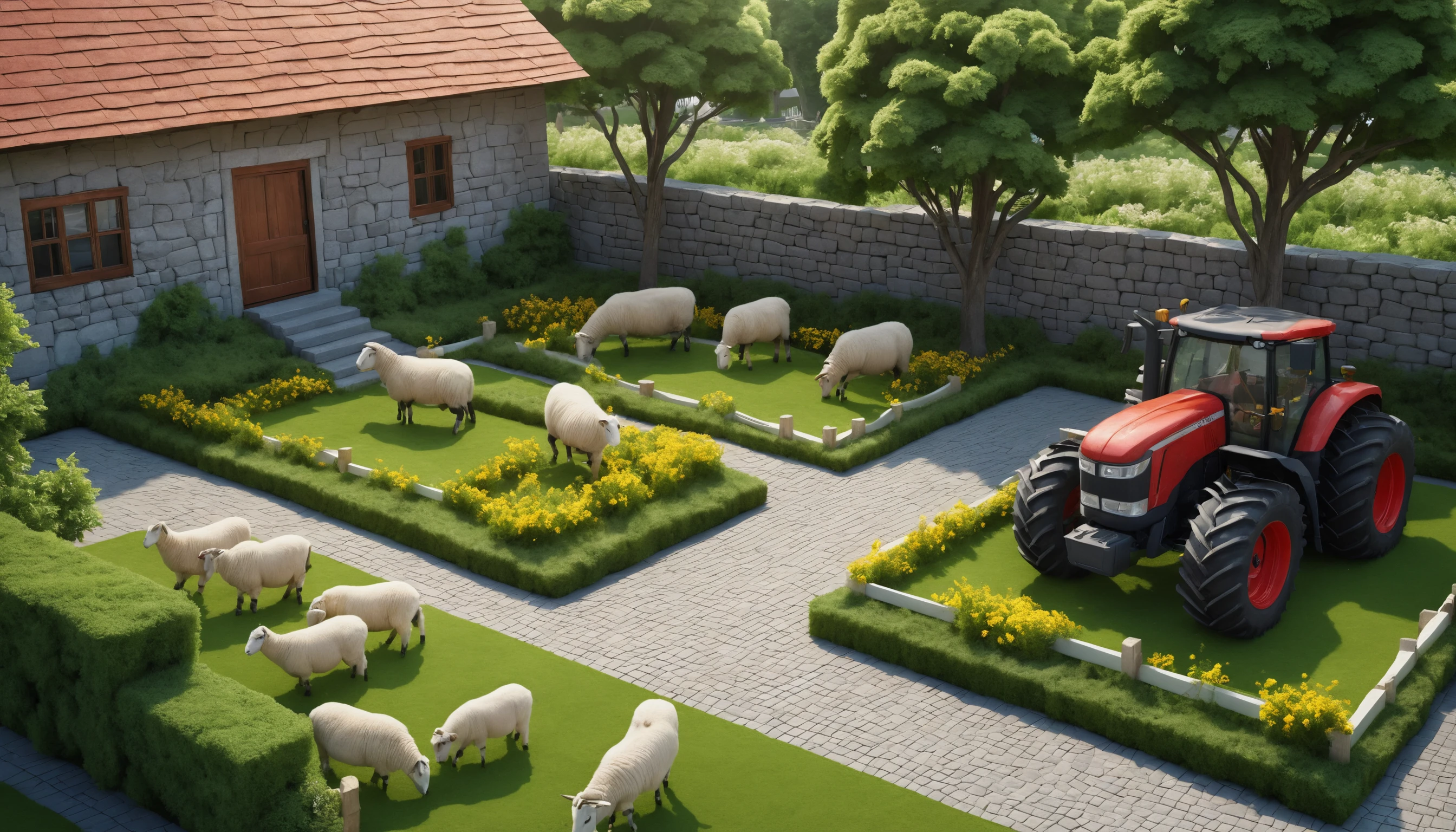 Isometric virtual farm with red tractors and animal pens
