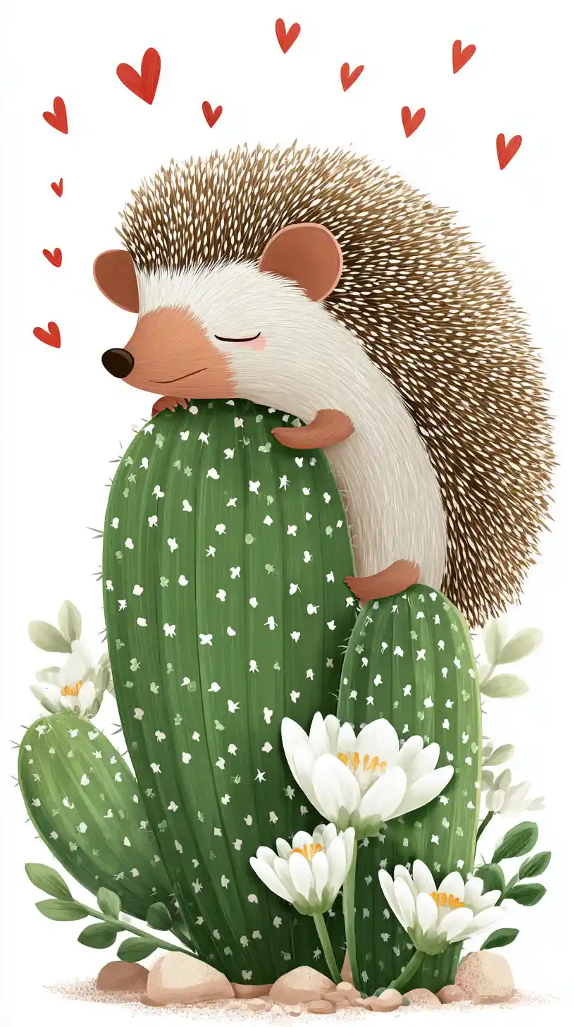 Niedlicher Igel, der einen blühenden grünen Kaktus mit Herzen umarmt