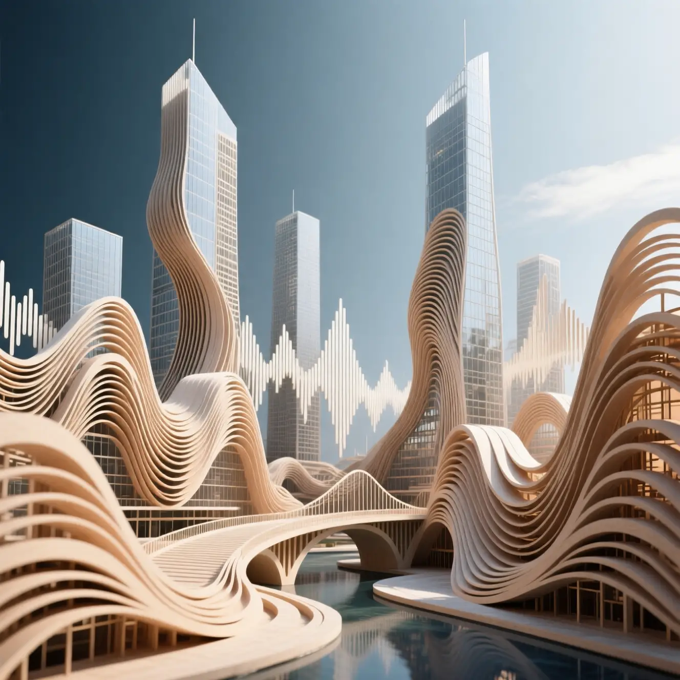 Architectural skyline shaped by flowing sound waveforms