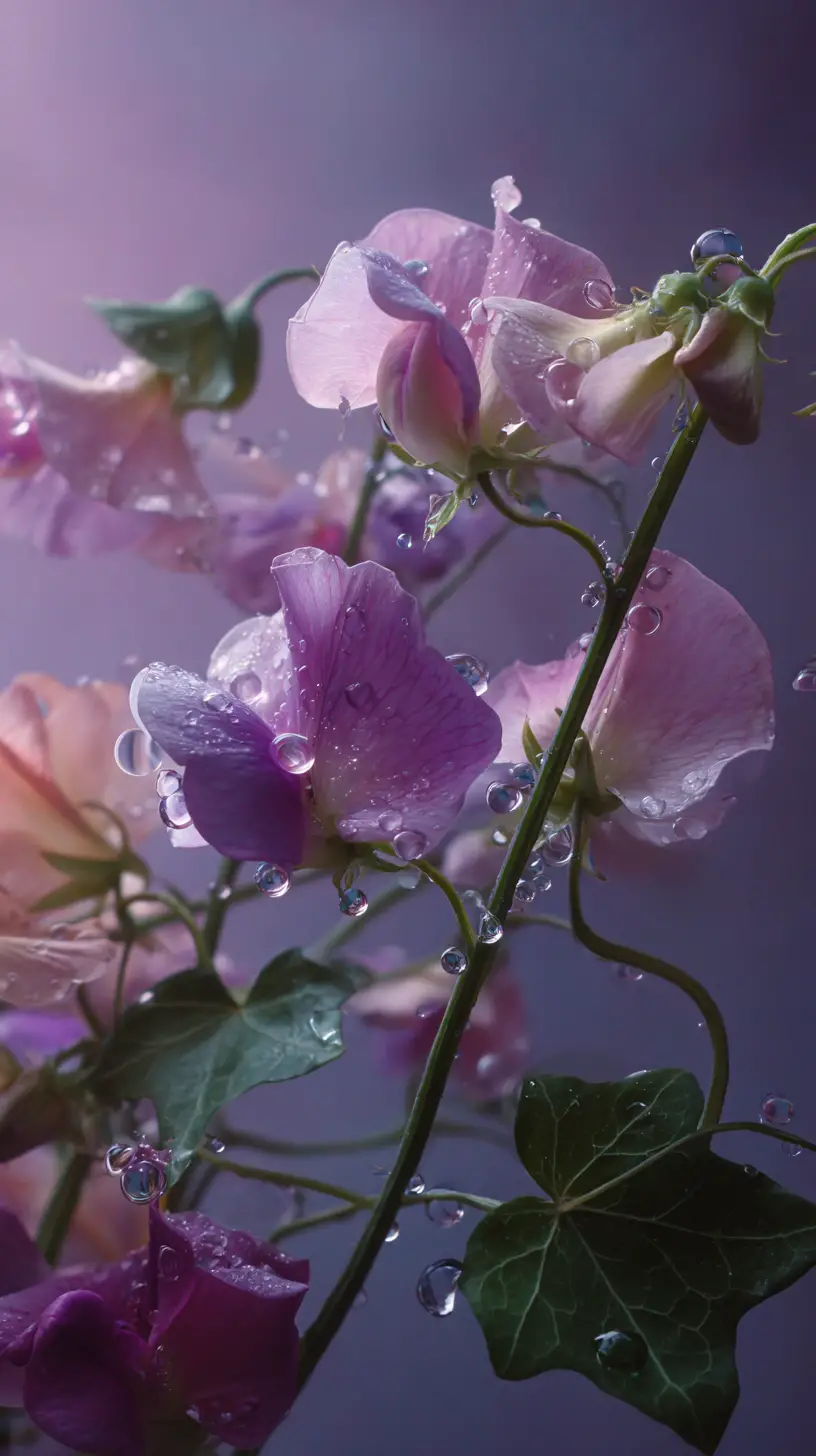 Dreamlike surreal floral still life with floating droplets