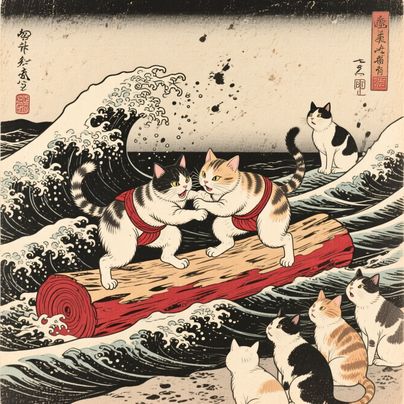 浮世絵風の波の上で相撲をとる2匹の子猫