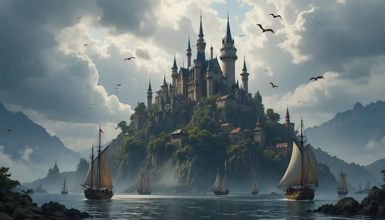 Majestic hilltop castle above a tranquil fantasy harbor