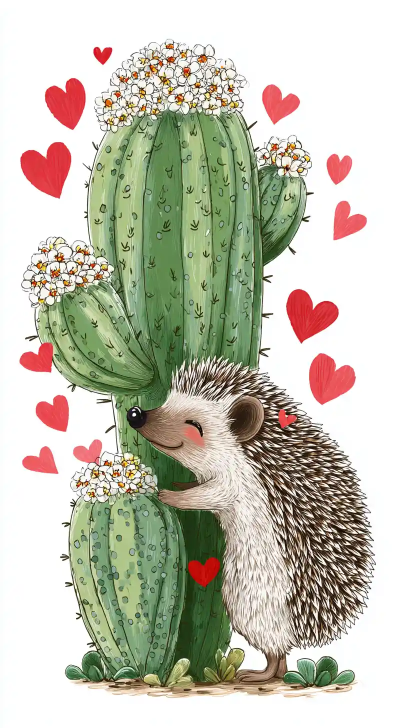 Riccio carino che abbraccia un cactus verde con cuori rossi