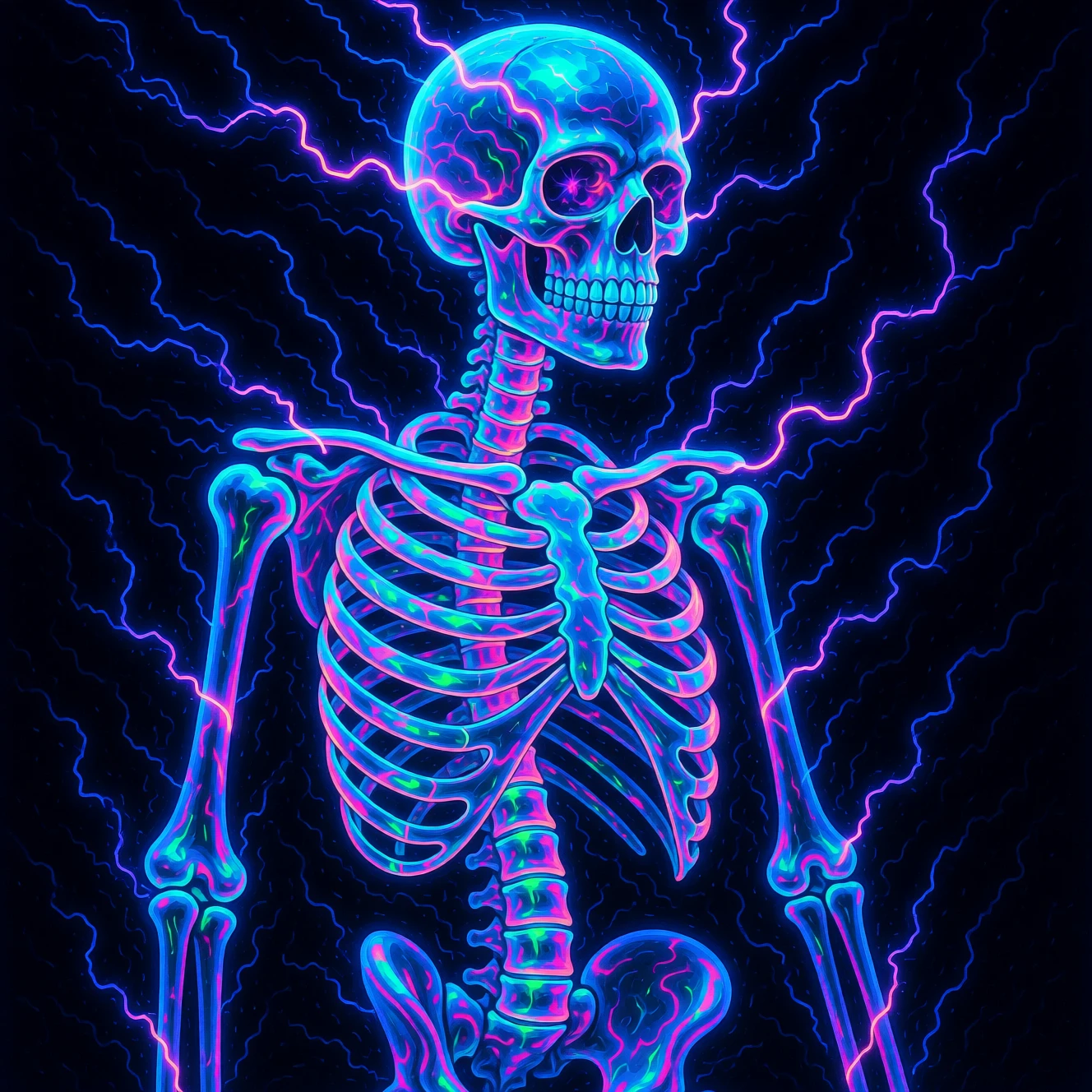Anatomía de Esqueleto Neón Brillante en Espacio Abstracto Oscuro