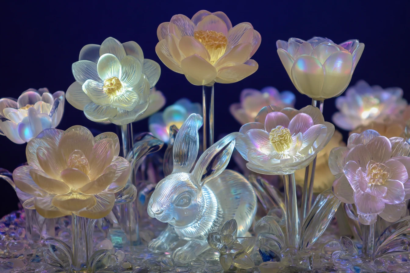 Glowing glass flowers with a clear rabbit on navy background