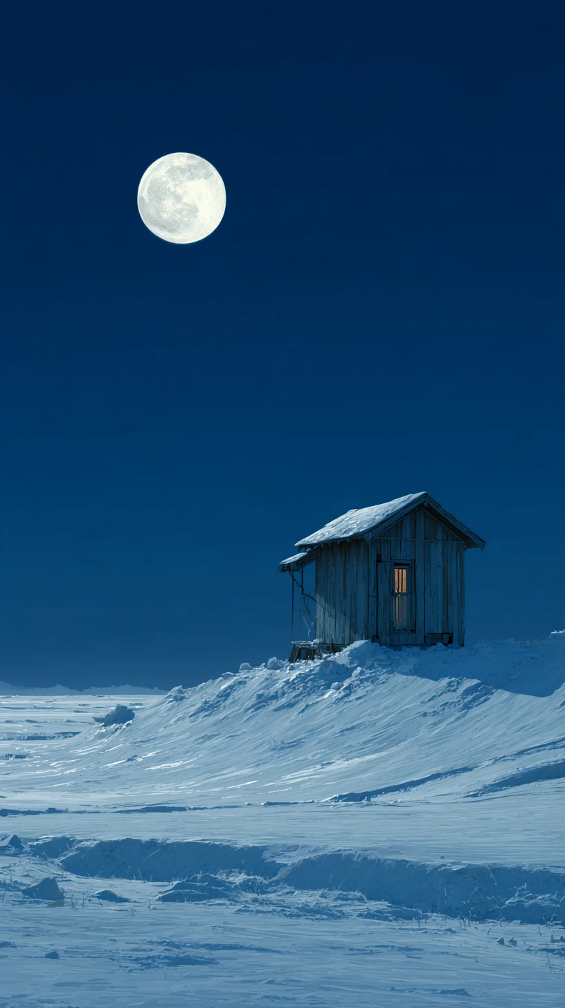 Casa di legno solitaria su una collina innevata sotto la luna piena