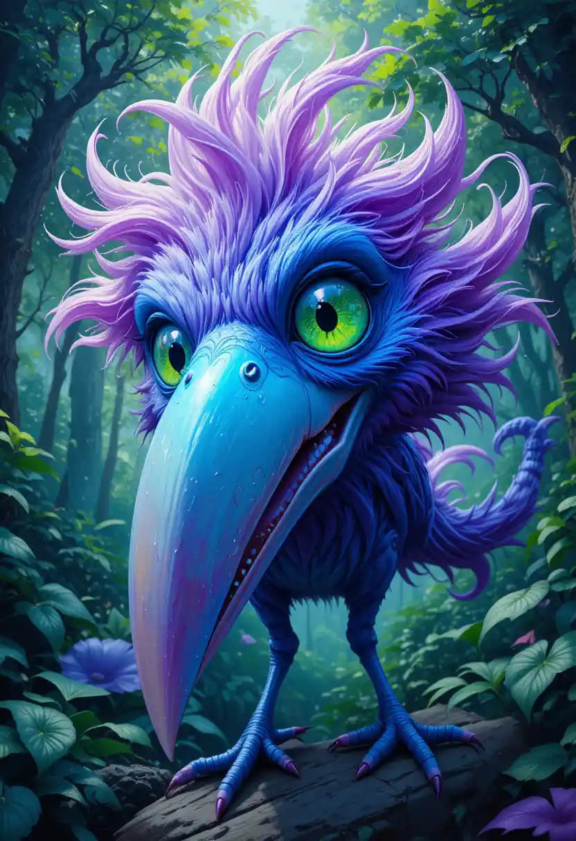 Playful neon fantasy bird leaning toward the viewer